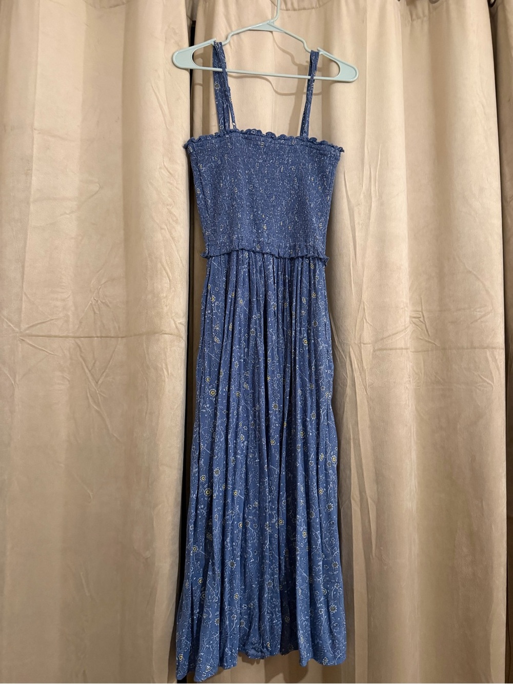 aerie Blue Floral Midi Dress with Smocked Bodice
